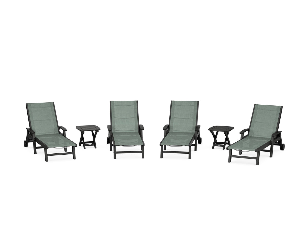 POLYWOOD Coastal Chaise 6-Piece Set with Wheels in Black / Dupioni Sea Mist