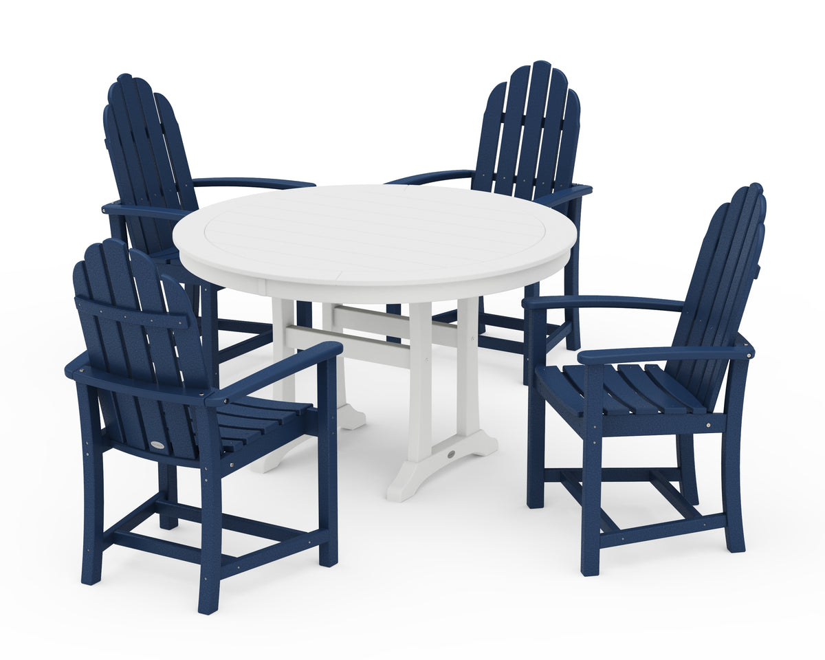 POLYWOOD Classic Adirondack 5-Piece Round Dining Set with Trestle Legs in Navy / White