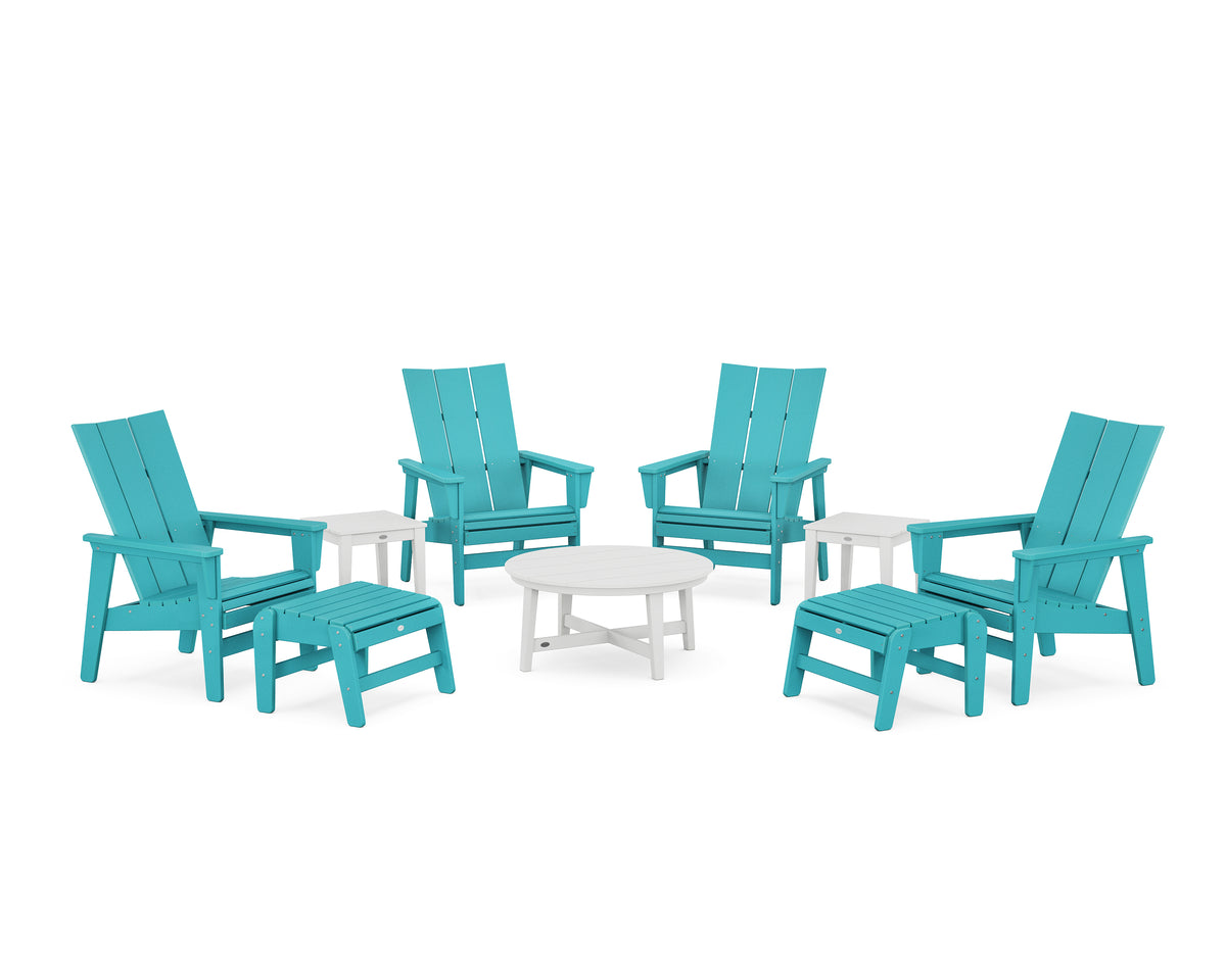 POLYWOOD Modern Grand Upright Adirondack 9-Piece Conversation Set in Aruba / White