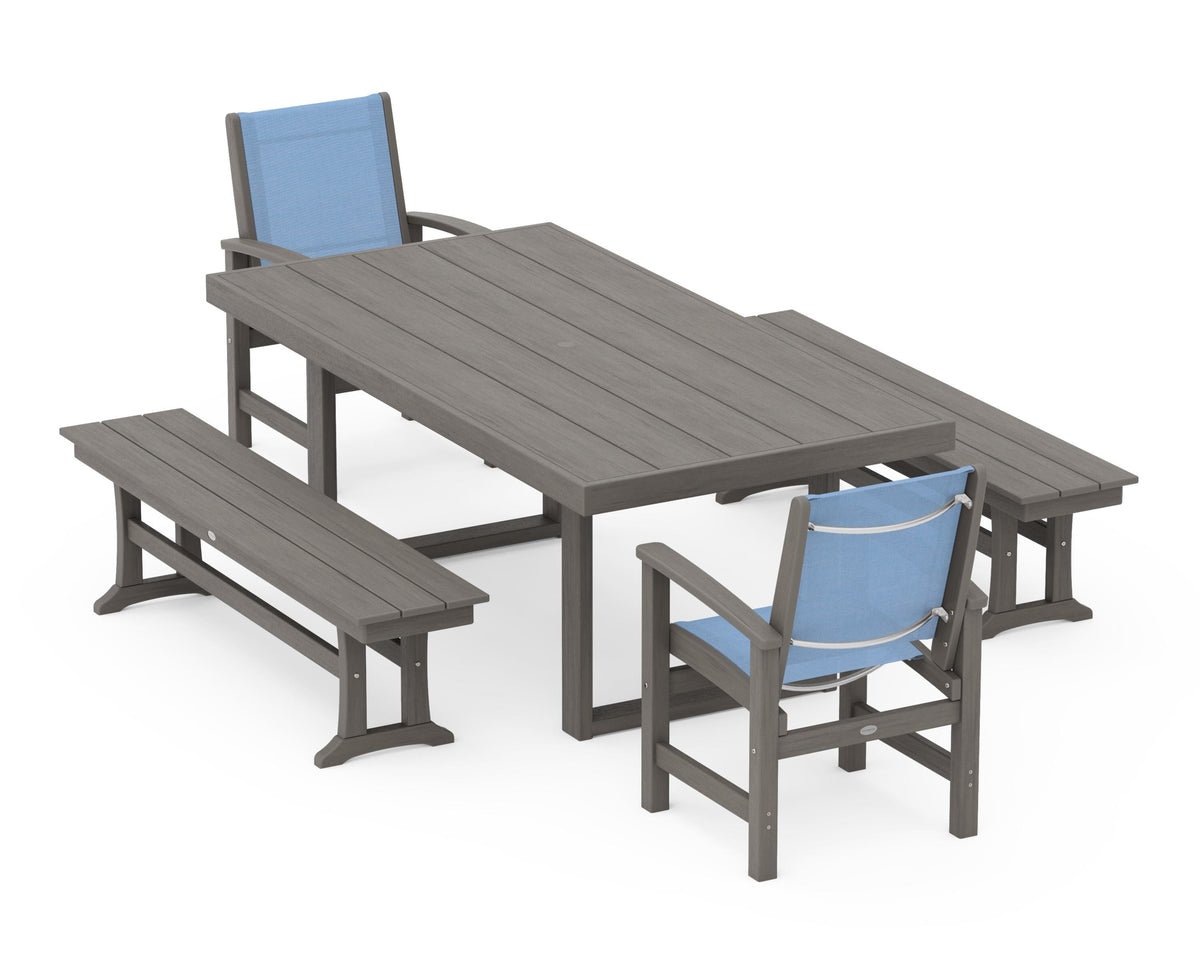 POLYWOOD Coastal 5-Piece Dining Set with Trestle Legs with EDGE 40" x 78" Dining Table in Driftwood / Poolside