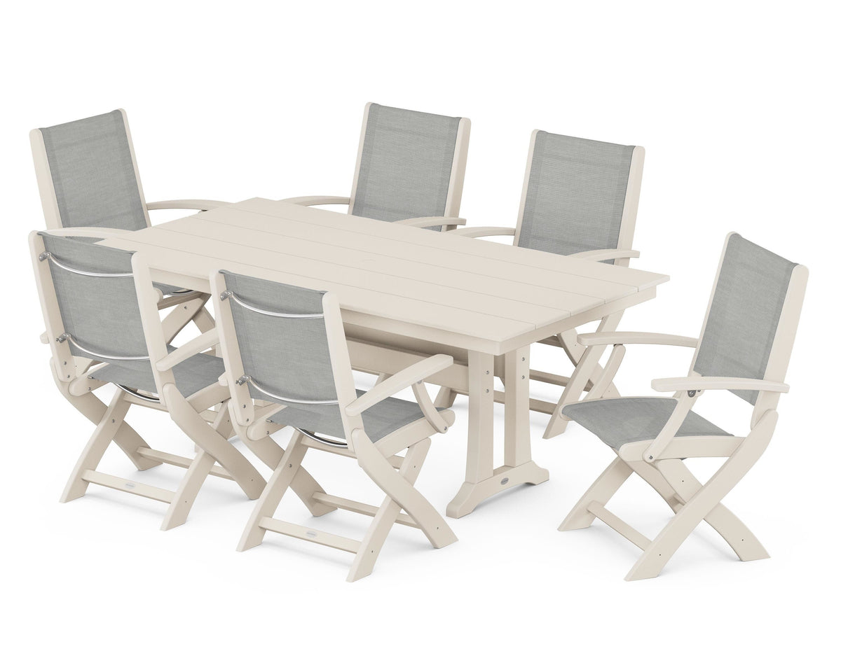POLYWOOD Coastal Folding Arm Chair 7-Piece Farmhouse Dining Set with Trestle Legs in Sand / Metallic