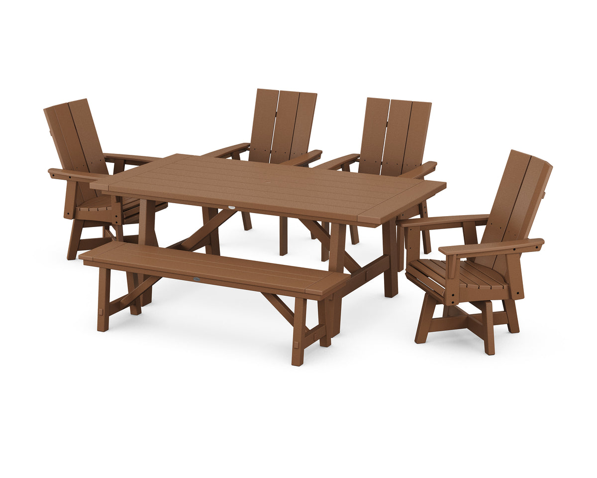 POLYWOOD Modern Curveback Adirondack Swivel Chair 6-Piece Rustic Farmhouse Dining Set with Bench in Teak