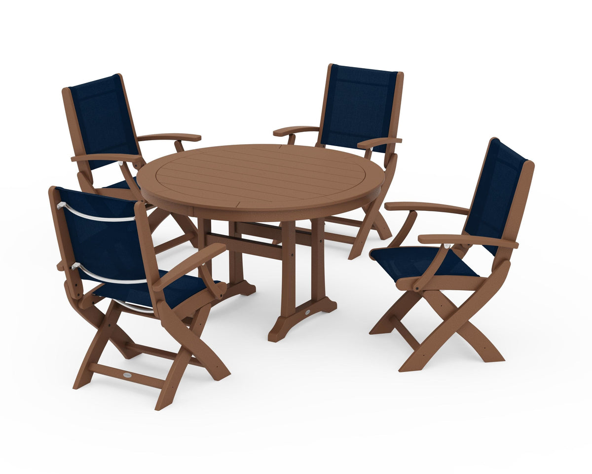 POLYWOOD Coastal Folding Chair 5-Piece Round Dining Set with Trestle Legs in Teak / Navy Blue