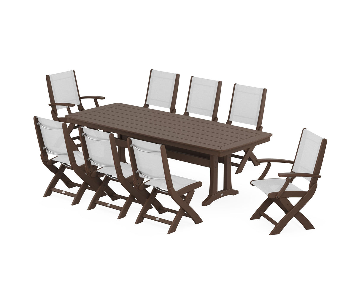 POLYWOOD Coastal Folding 9-Piece Dining Set with Trestle Legs in Mahogany / White