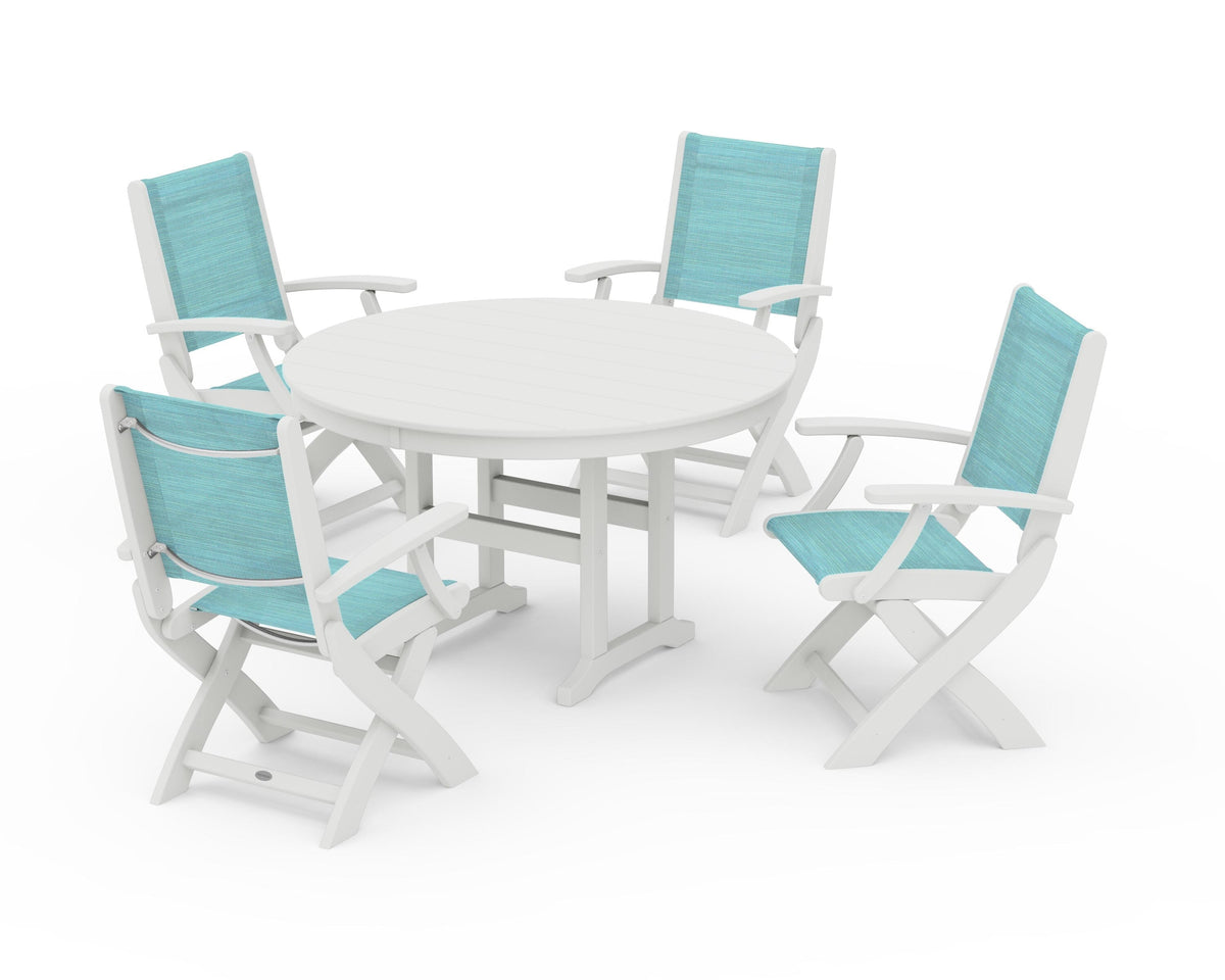 POLYWOOD Coastal Folding Chair 5-Piece Round Dining Set in Vintage White / Dupioni Aquamarine
