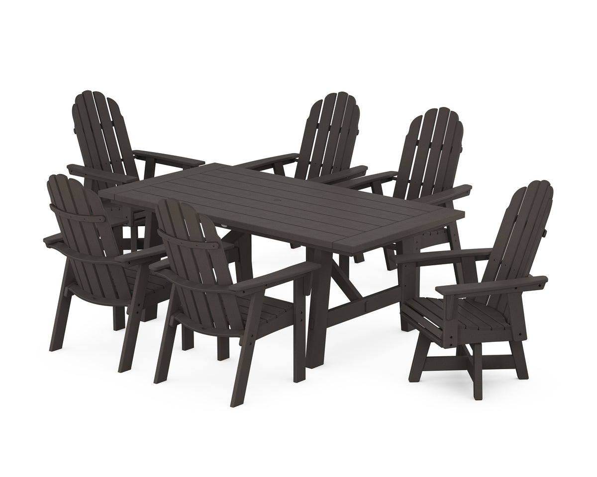 POLYWOOD Vineyard Curveback Adirondack Swivel Chair 7-Piece Rustic Farmhouse Dining Set in Vintage Coffee
