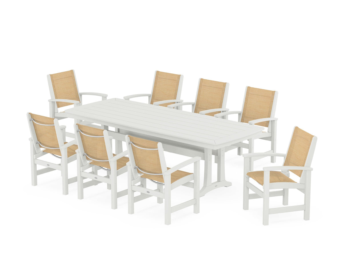 POLYWOOD Coastal 9-Piece Dining Set with Trestle Legs in Vintage White / Dupioni Apricot