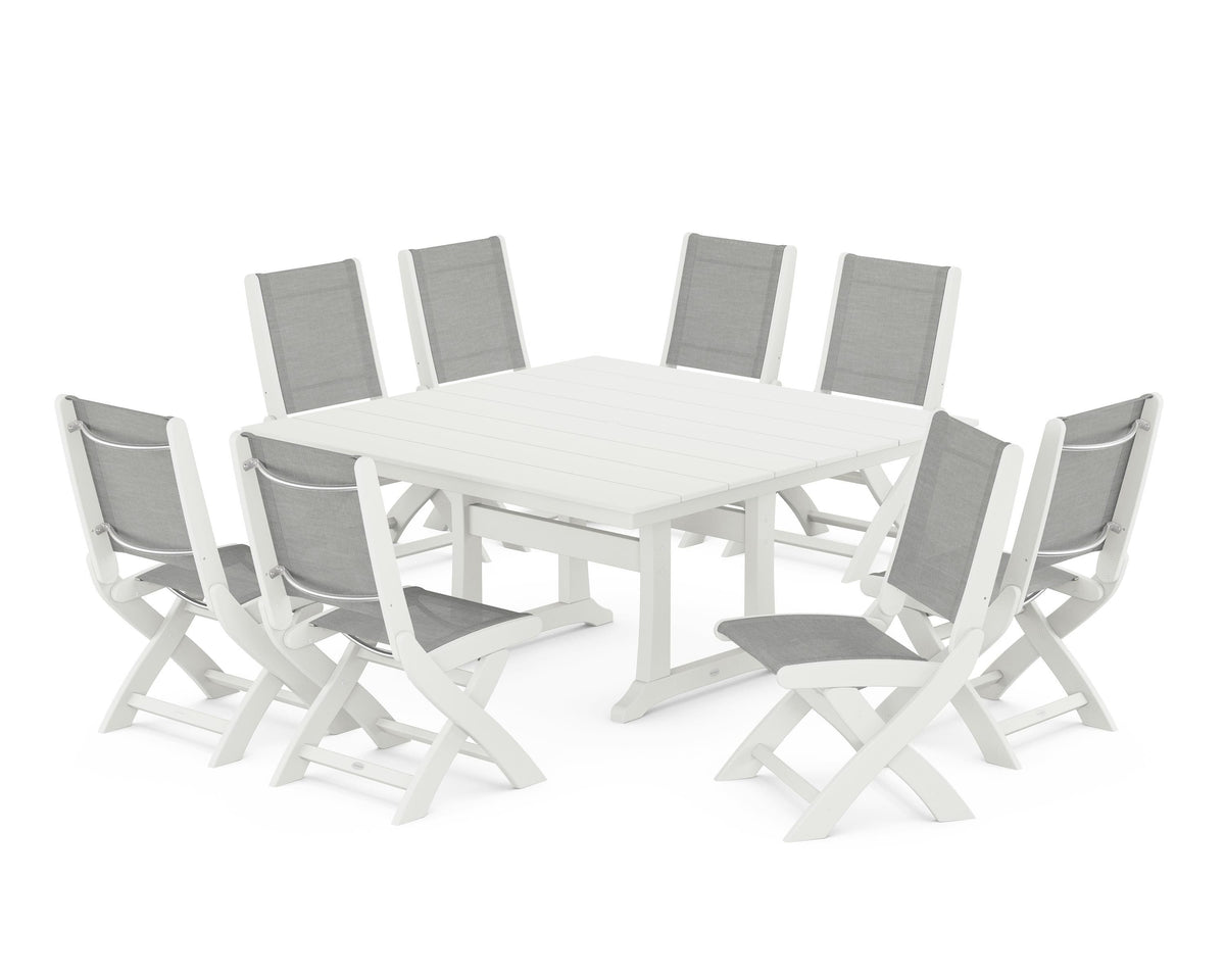 POLYWOOD Coastal Folding Side Chair 9-Piece Farmhouse Dining Set in Vintage White / Metallic