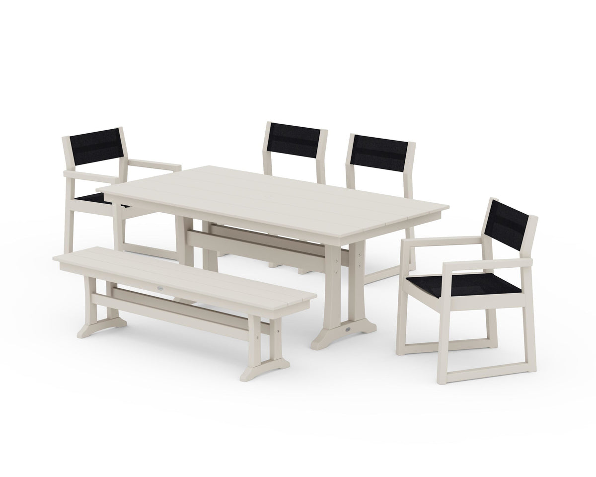 POLYWOOD EDGE Sling 6-Piece Farmhouse Dining Set With Trestle Legs in Sand / Black