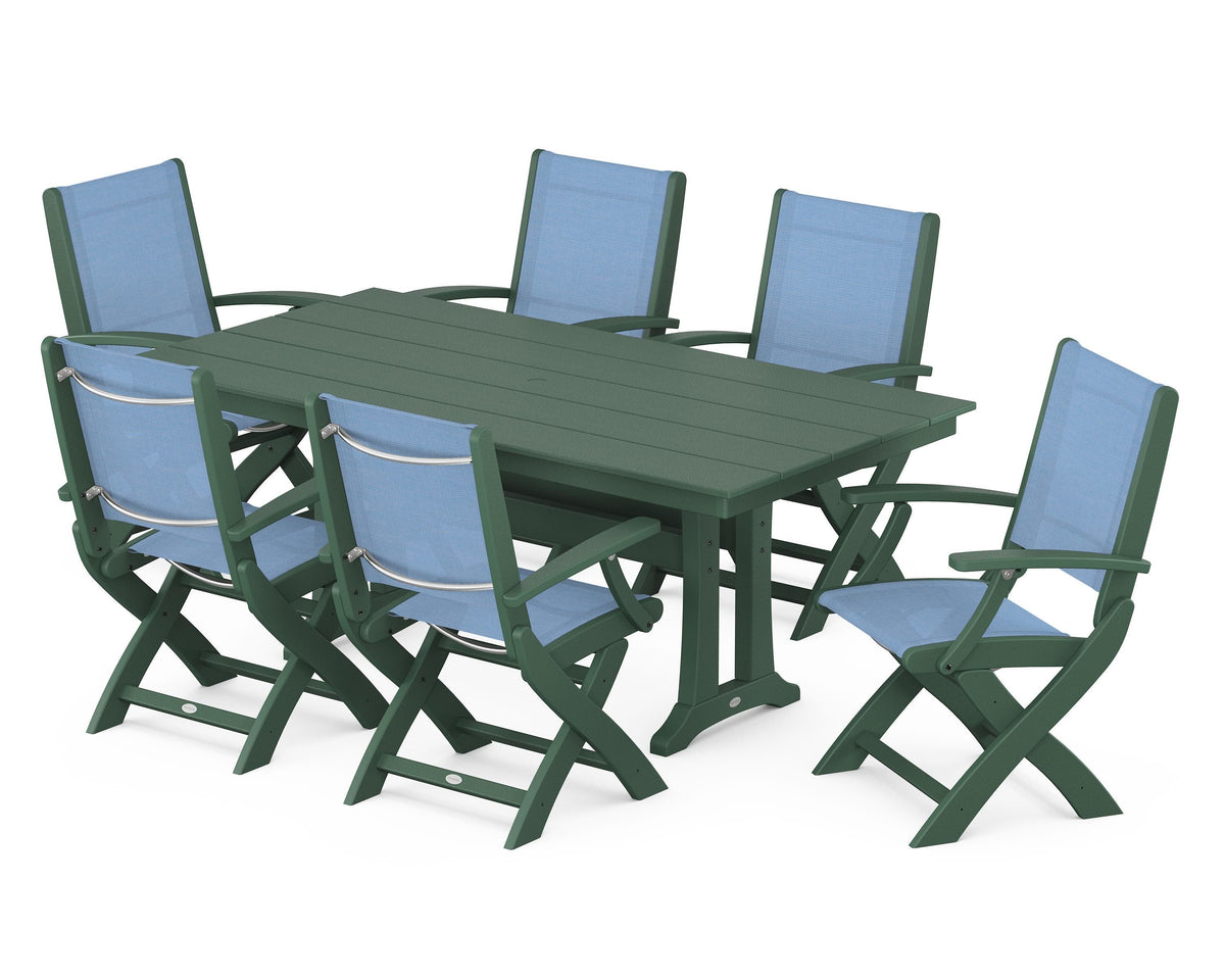 POLYWOOD Coastal Folding Arm Chair 7-Piece Farmhouse Dining Set with Trestle Legs in Green / Poolside