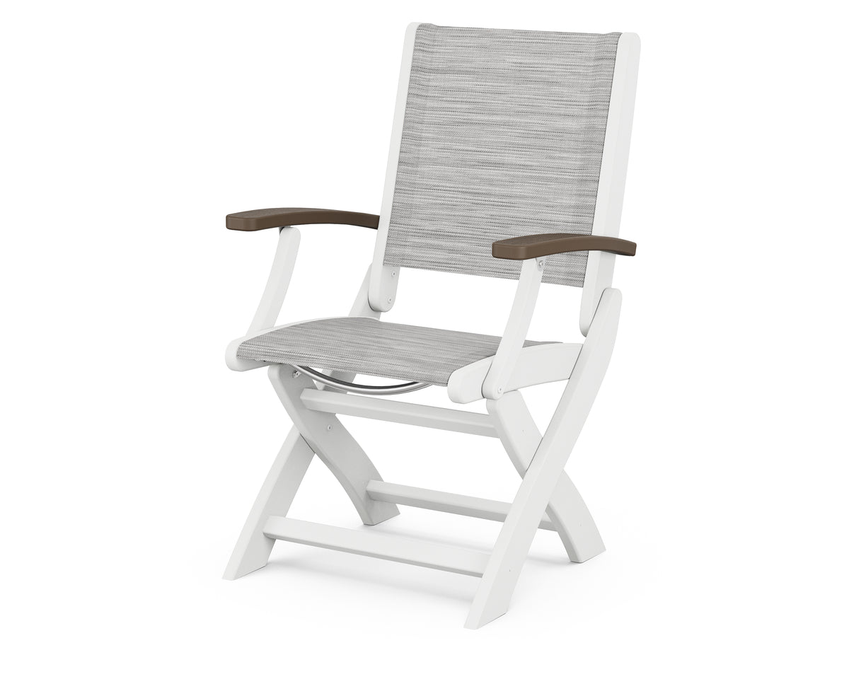POLYWOOD Coastal Folding Chair in White with Kona arms and Metallic sling