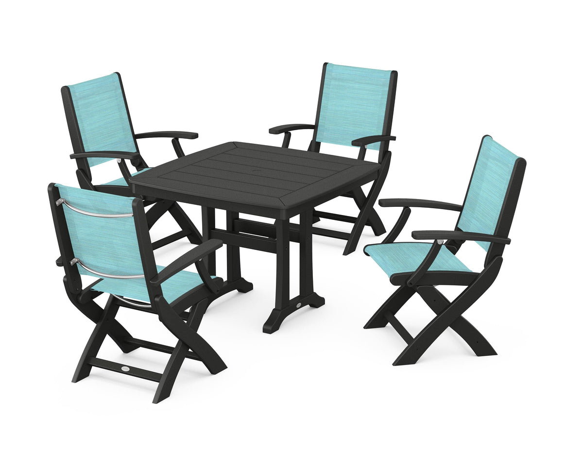 POLYWOOD Coastal Folding Chair 5-Piece Dining Set with Trestle Legs in Black / Dupioni Aquamarine