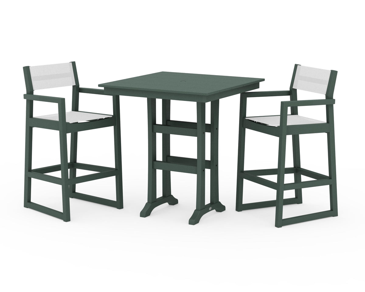 POLYWOOD EDGE Sling Arm Chair 3-Piece Farmhouse Bar Set with Trestle Legs in Green / White