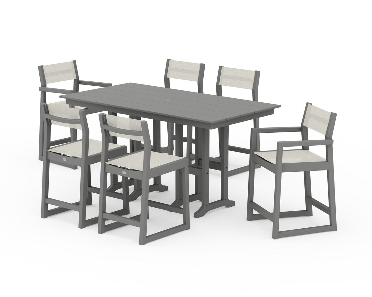 POLYWOOD EDGE Sling 7-Piece Farmhouse Counter Set with Trestle Legs in Slate Grey / Parchment
