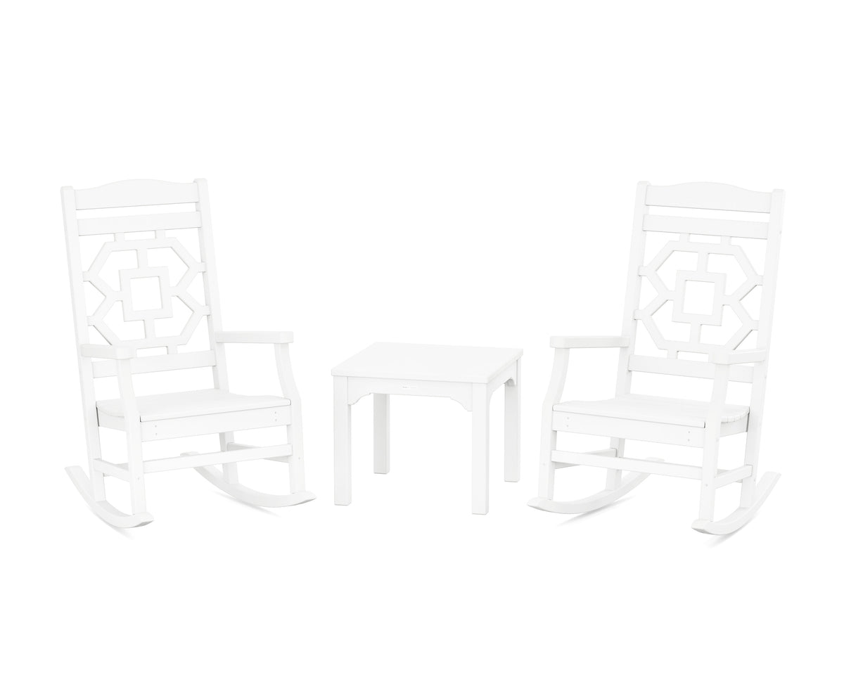 POLYWOOD Chinoiserie 3-Piece Rocking Chair Set in White