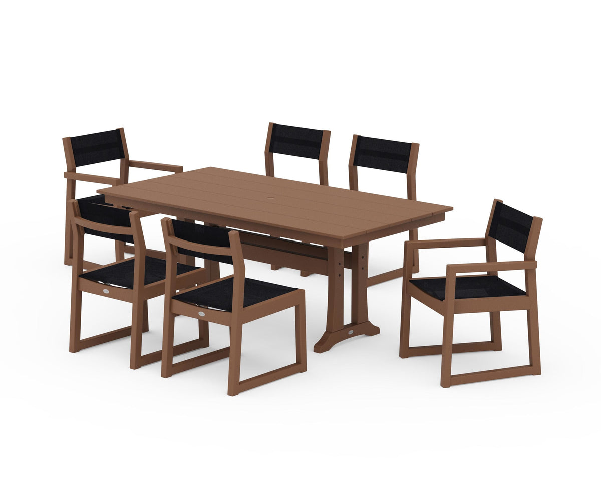 POLYWOOD EDGE Sling 7-Piece Farmhouse Trestle Dining Set in Teak / Black