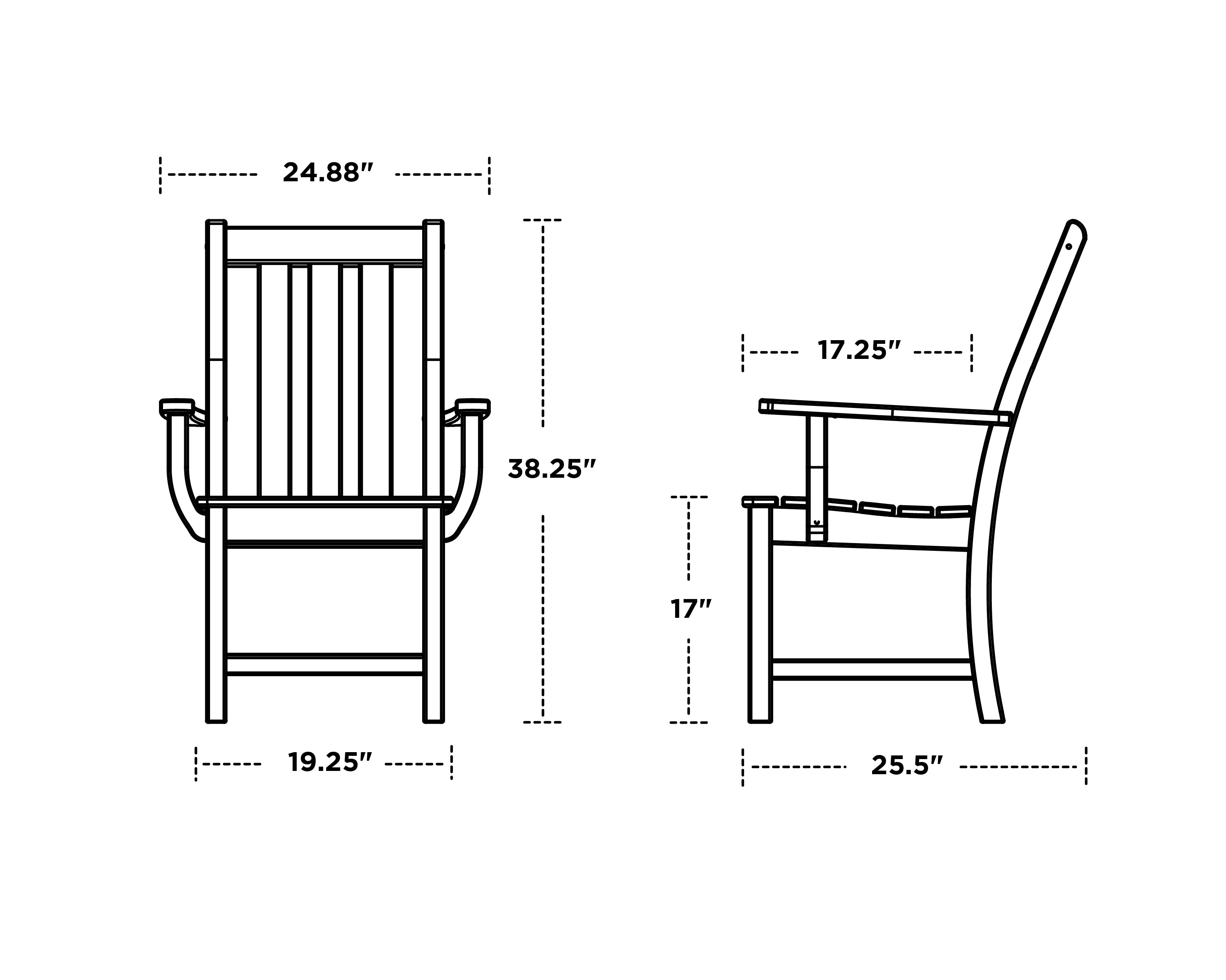 Technical drawing of a wooden chair with dimensions labeled