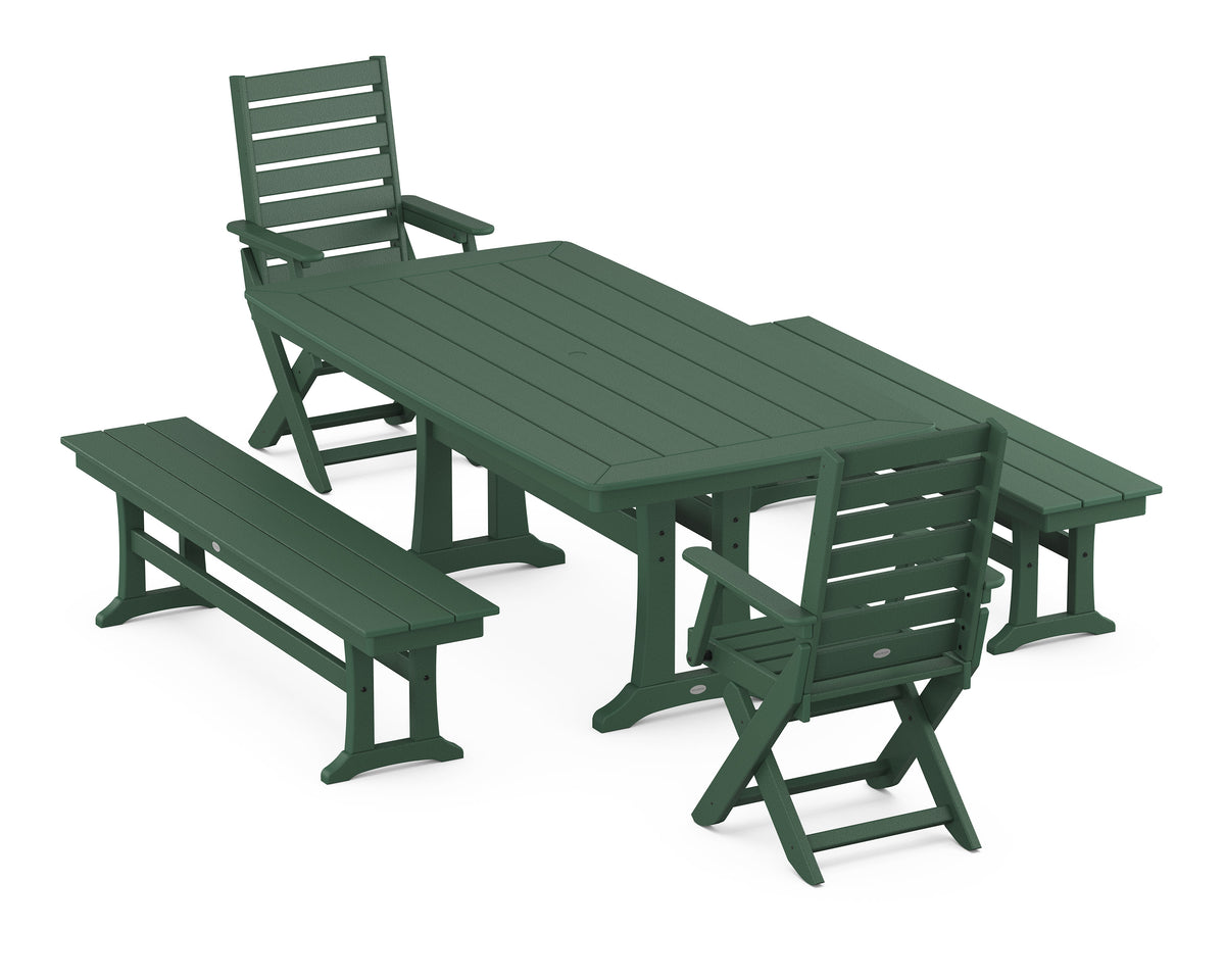 POLYWOOD Captain Folding Chair 5-Piece Dining Set with Trestle Legs - 38" x 73" Table in Green