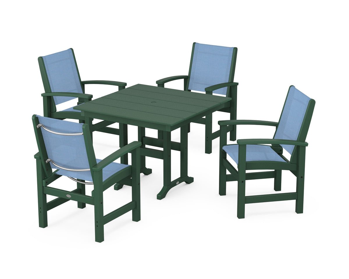 POLYWOOD Coastal 5-Piece Farmhouse Dining Set with Farmhouse 37" Dining Table in Green / Poolside