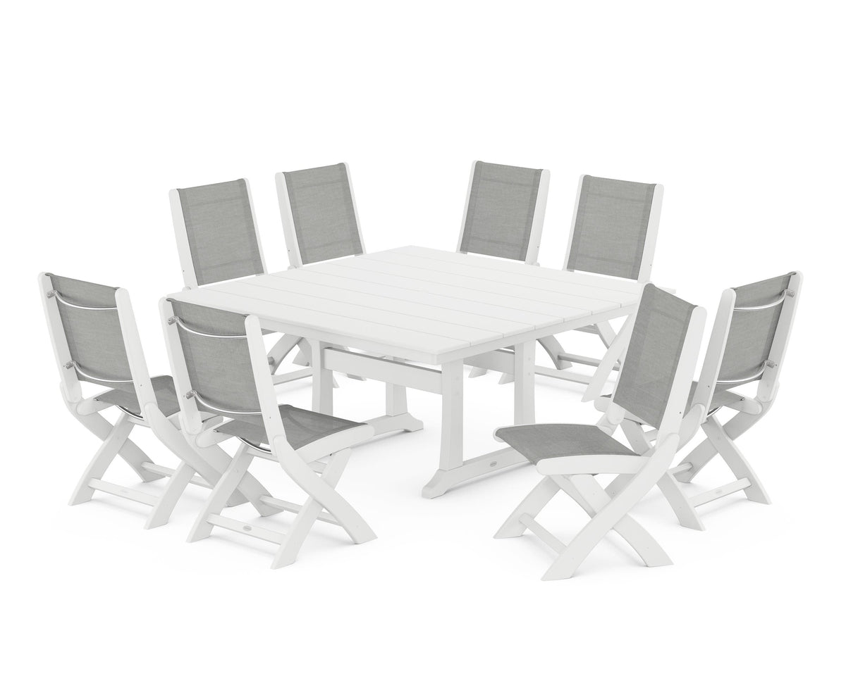 POLYWOOD Coastal Folding Side Chair 9-Piece Farmhouse Dining Set in White / Metallic