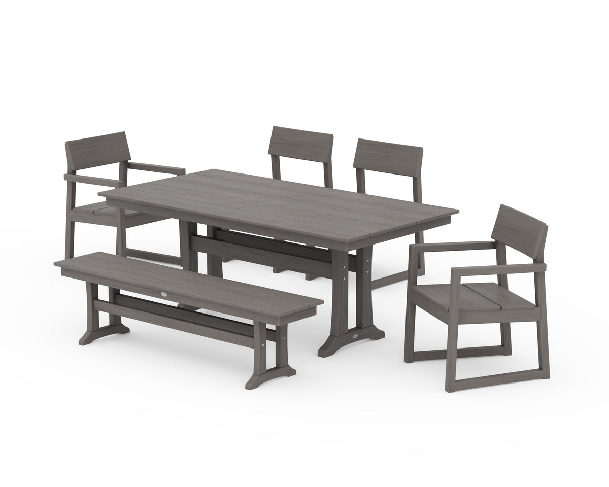 POLYWOOD EDGE 6-Piece Farmhouse Dining Set with Trestle Legs in Driftwood