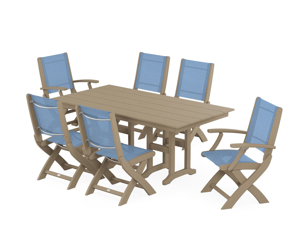 POLYWOOD Coastal Folding Chair 7-Piece Farmhouse Dining Set in Vintage Sahara / Poolside