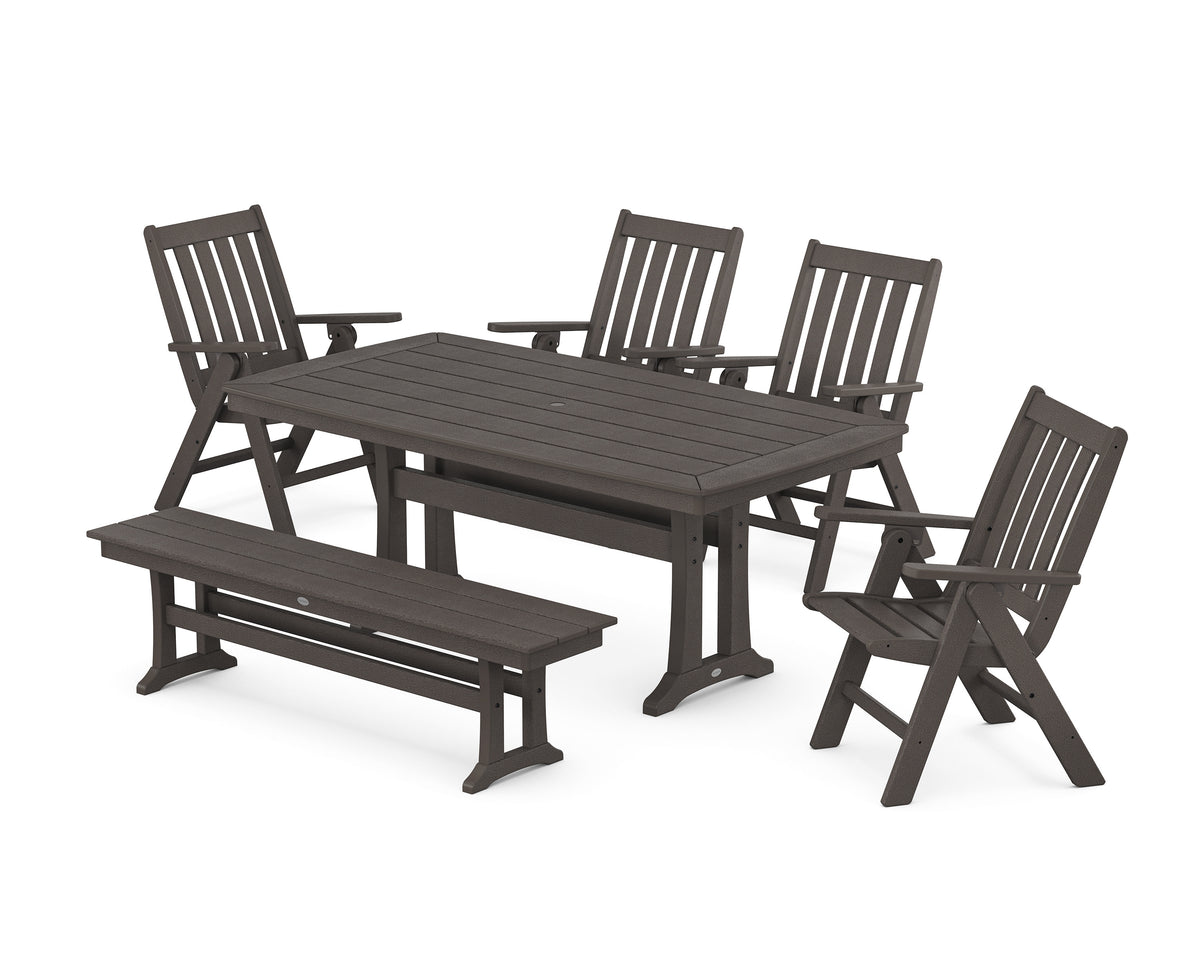 POLYWOOD Vineyard Folding Chair 6-Piece Dining Set with Trestle Legs and Bench in Vintage Coffee
