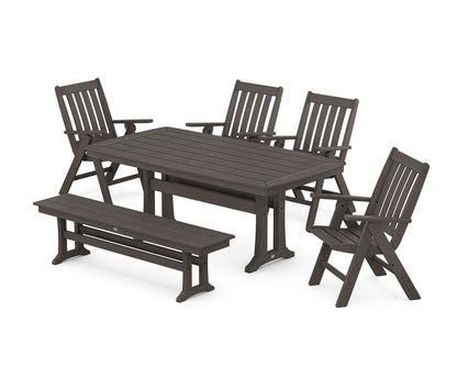 POLYWOOD Vineyard Folding Chair 6-Piece Dining Set with Trestle Legs and Bench in Vintage Coffee