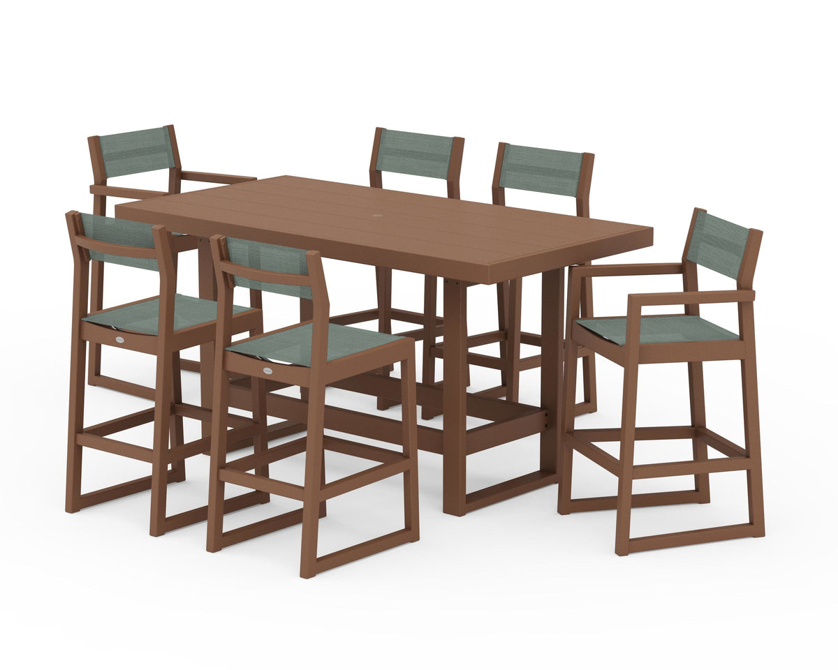 POLYWOOD EDGE Sling 7-Piece Bar Table Set in Teak / Dupioni Sea Mist