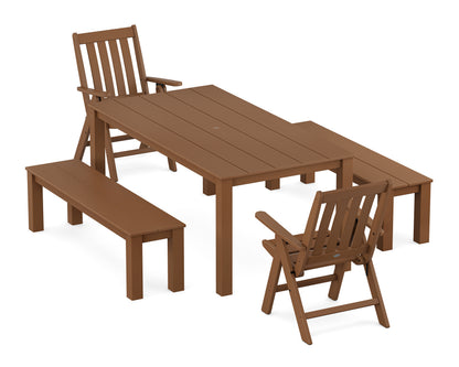 POLYWOOD Vineyard Folding Chair 5-Piece Parsons Dining Set with Benches in Teak