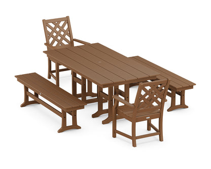 POLYWOOD Wovendale 5-Piece Farmhouse Dining Set with Benches in Teak