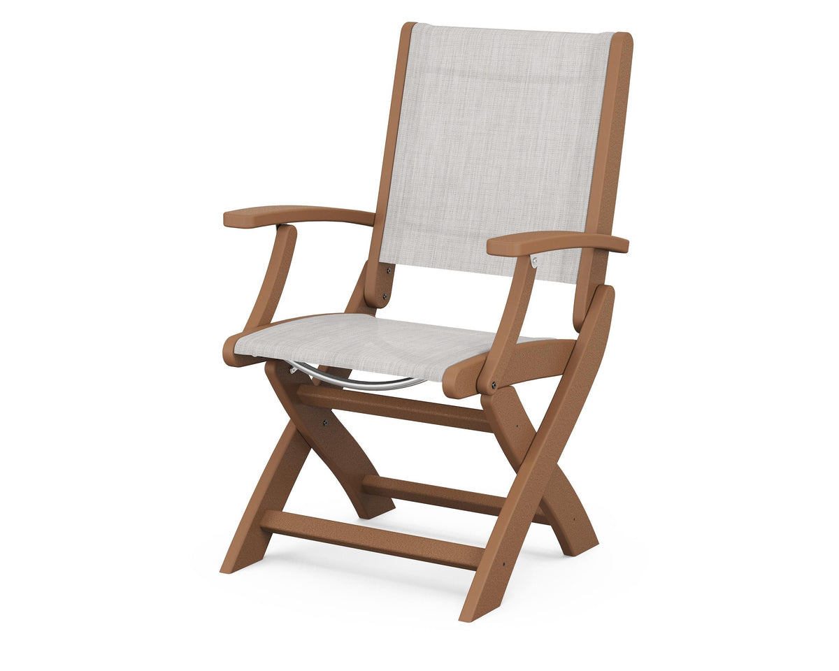 POLYWOOD Coastal Folding Chair in Teak with Teak arms and Parchment sling