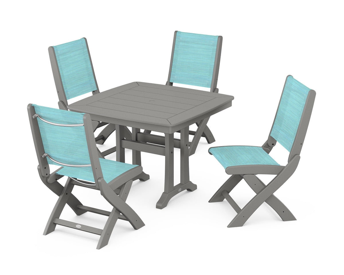 POLYWOOD Coastal Folding Side Chair 5-Piece Dining Set with Trestle Legs in Slate Grey / Dupioni Aquamarine