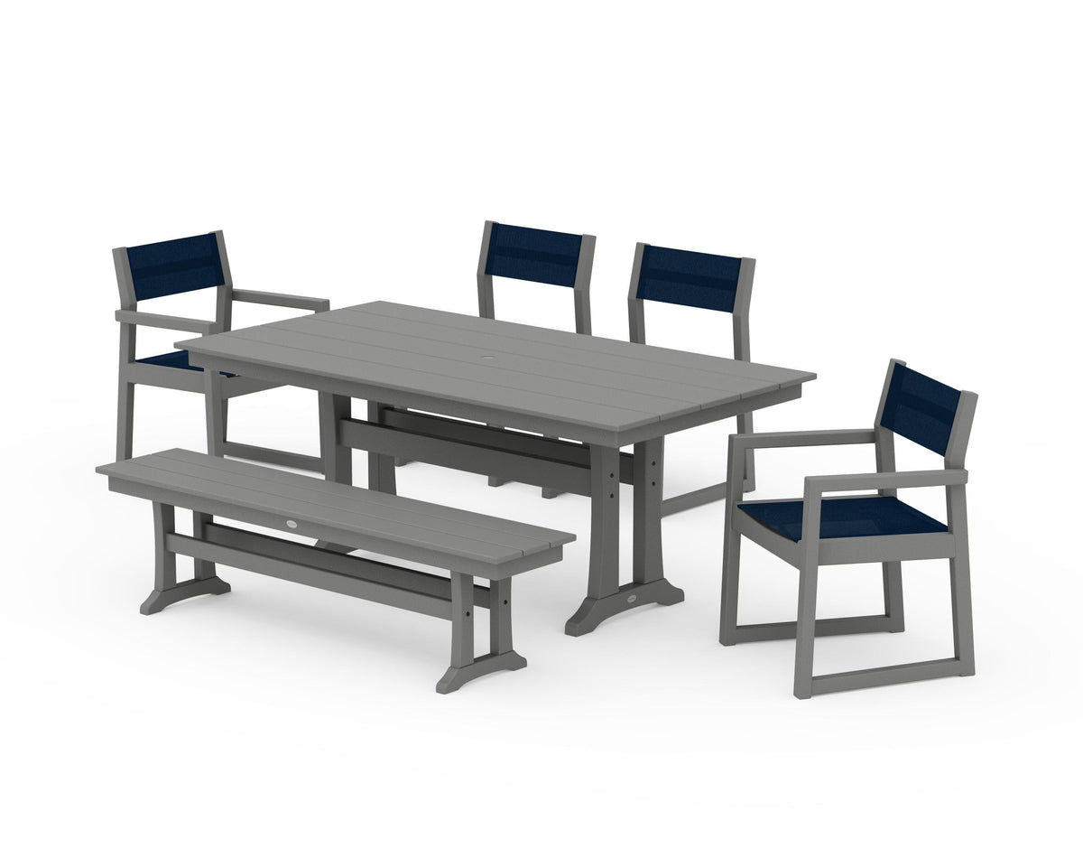 POLYWOOD EDGE Sling 6-Piece Farmhouse Dining Set With Trestle Legs in Slate Grey / Navy Blue