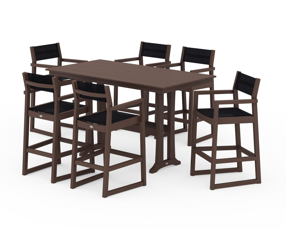 POLYWOOD EDGE Sling Arm Chair 7-Piece Farmhouse Bar Set with Trestle Legs in Mahogany / Black