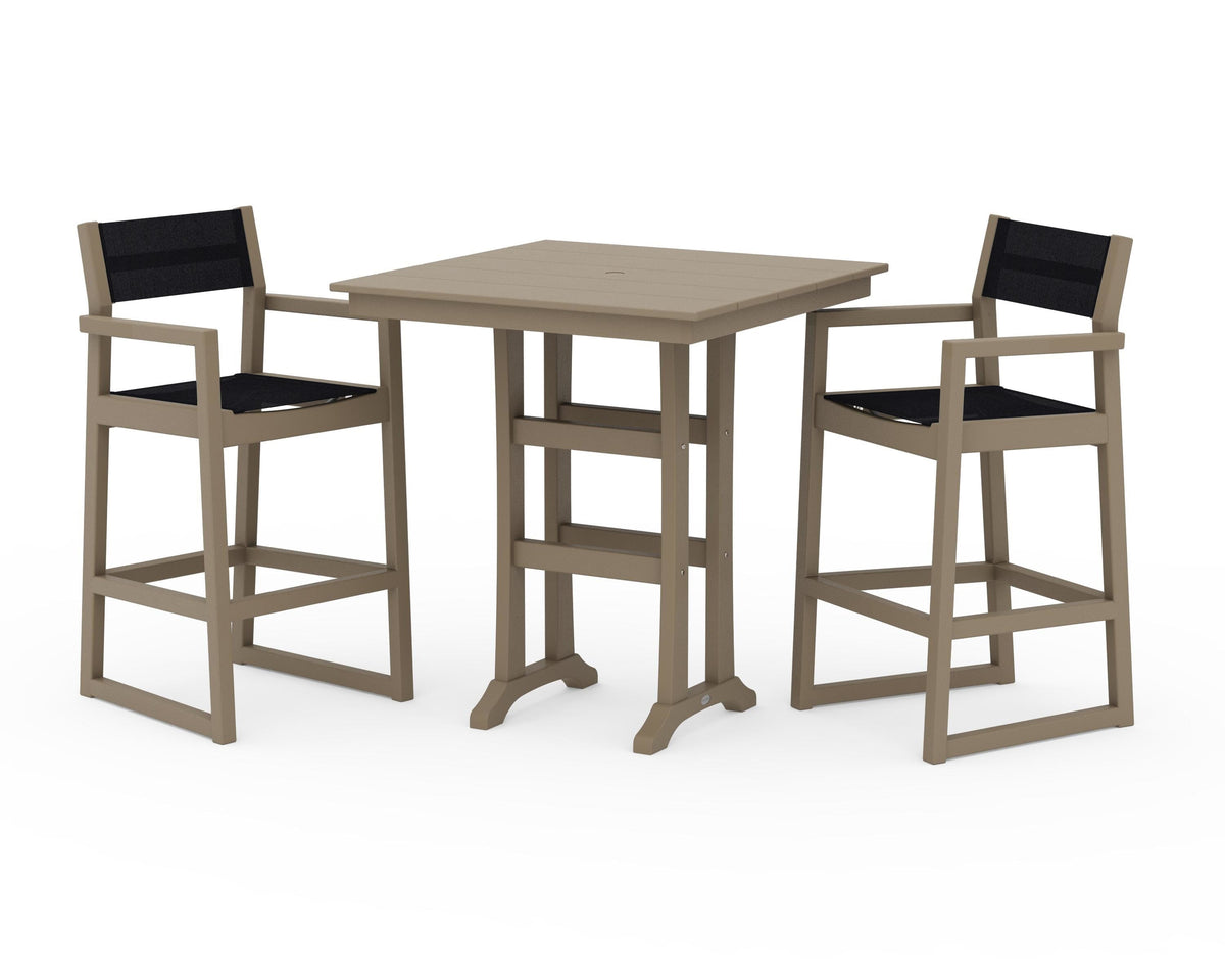 POLYWOOD EDGE Sling Arm Chair 3-Piece Farmhouse Bar Set with Trestle Legs in Vintage Sahara / Black
