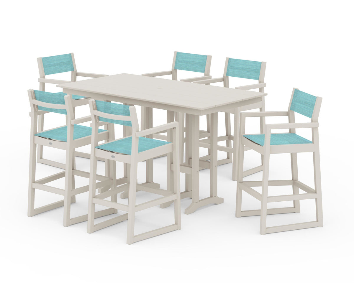 POLYWOOD EDGE Sling Arm Chair 7-Piece Farmhouse Bar Set in Sand / Dupioni Aquamarine