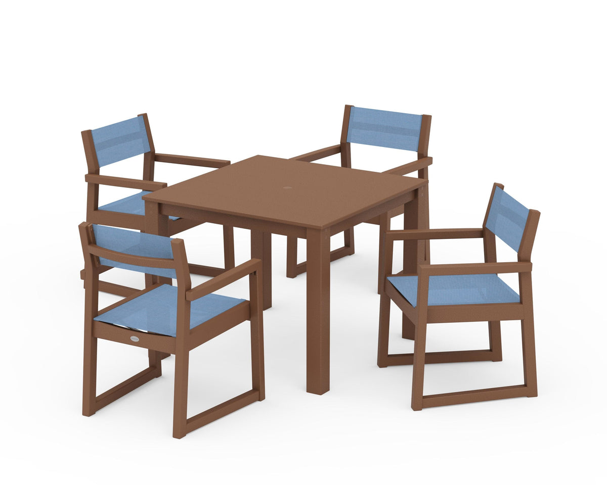 POLYWOOD EDGE Sling Arm Chair 5-Piece Parsons Dining Set in Teak / Poolside