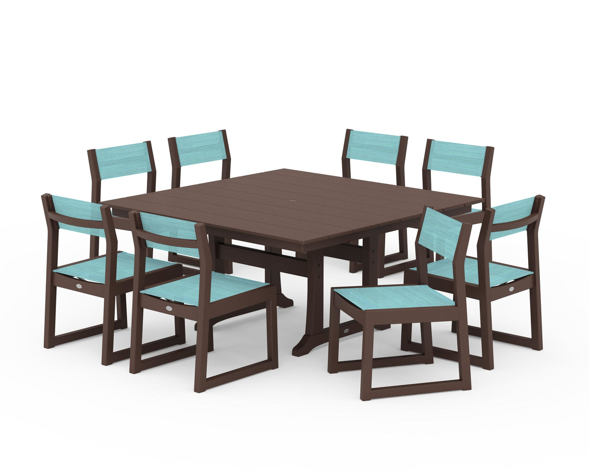 POLYWOOD EDGE Sling Side Chair 9-Piece Farmhouse Trestle Dining Set in Mahogany / Dupioni Aquamarine
