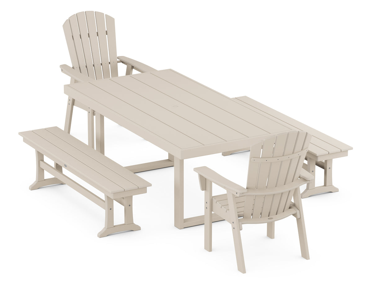 POLYWOOD Nautical Curveback Adirondack 5-Piece Dining Set with Benches - 39" x 78" Table in Sand