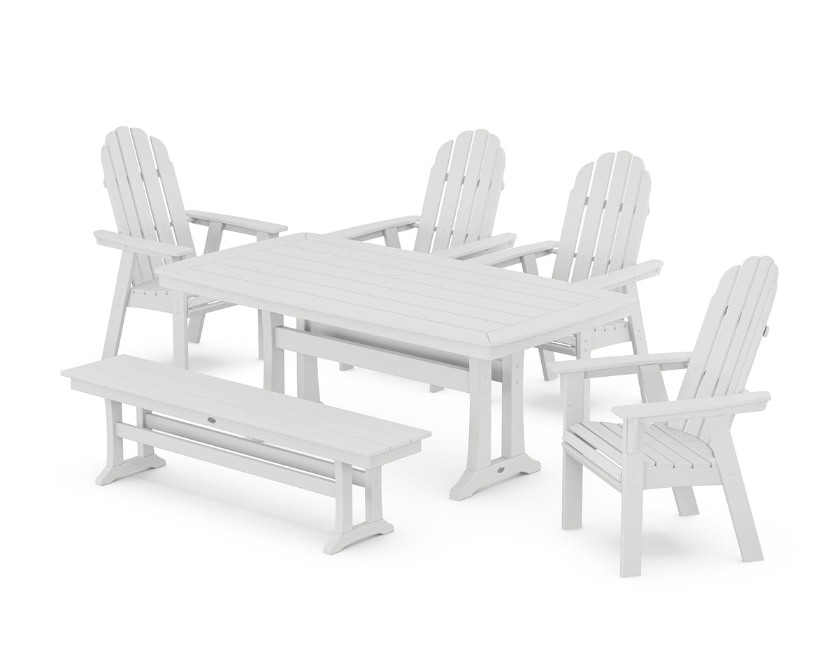 POLYWOOD Vineyard Curveback Adirondack Chair 6-Piece Dining Set with Trestle Legs and Bench in White