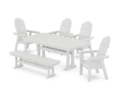 POLYWOOD Vineyard Curveback Adirondack Chair 6-Piece Dining Set with Trestle Legs and Bench in White