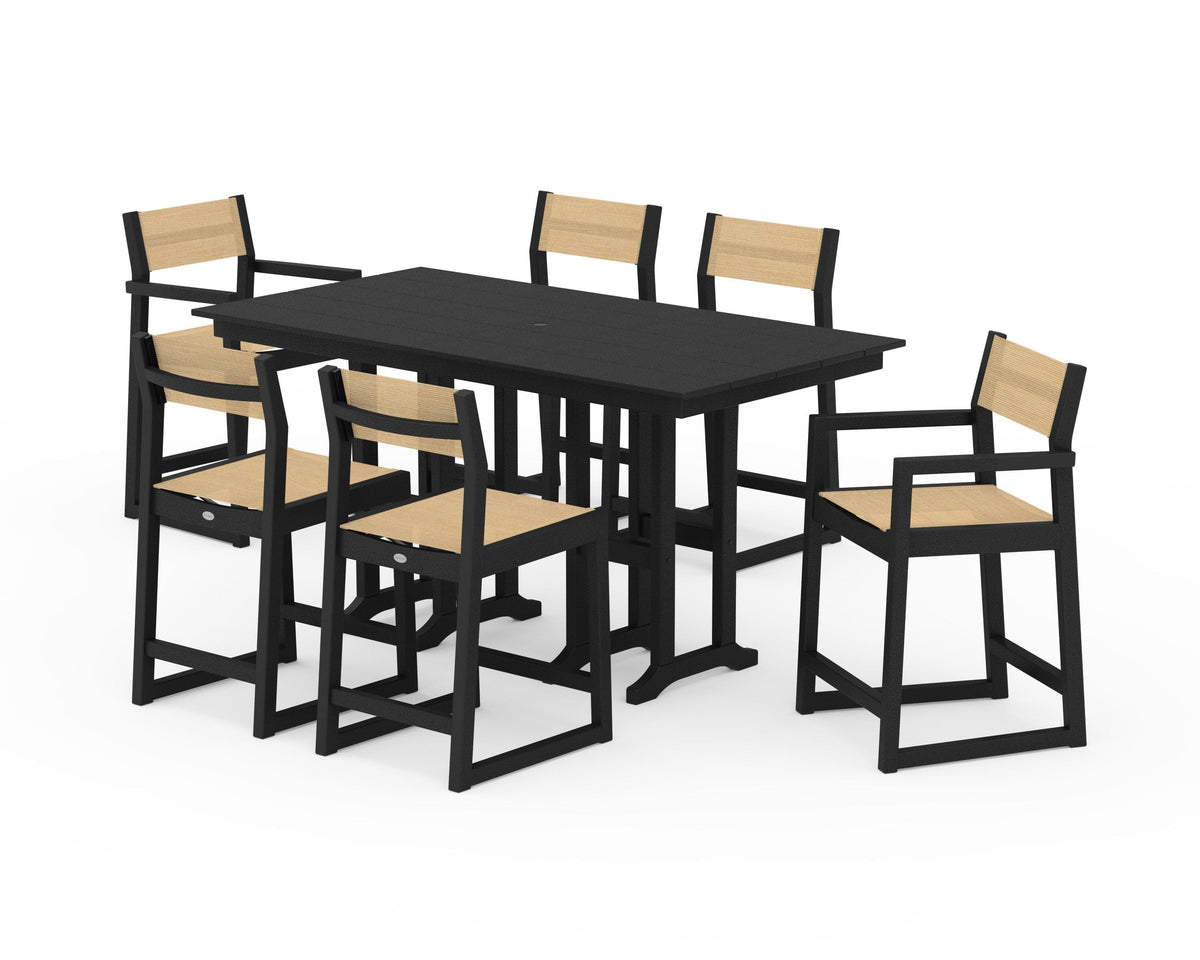 POLYWOOD EDGE Sling 7-Piece Farmhouse Counter Set with Trestle Legs in Black / Dupioni Apricot