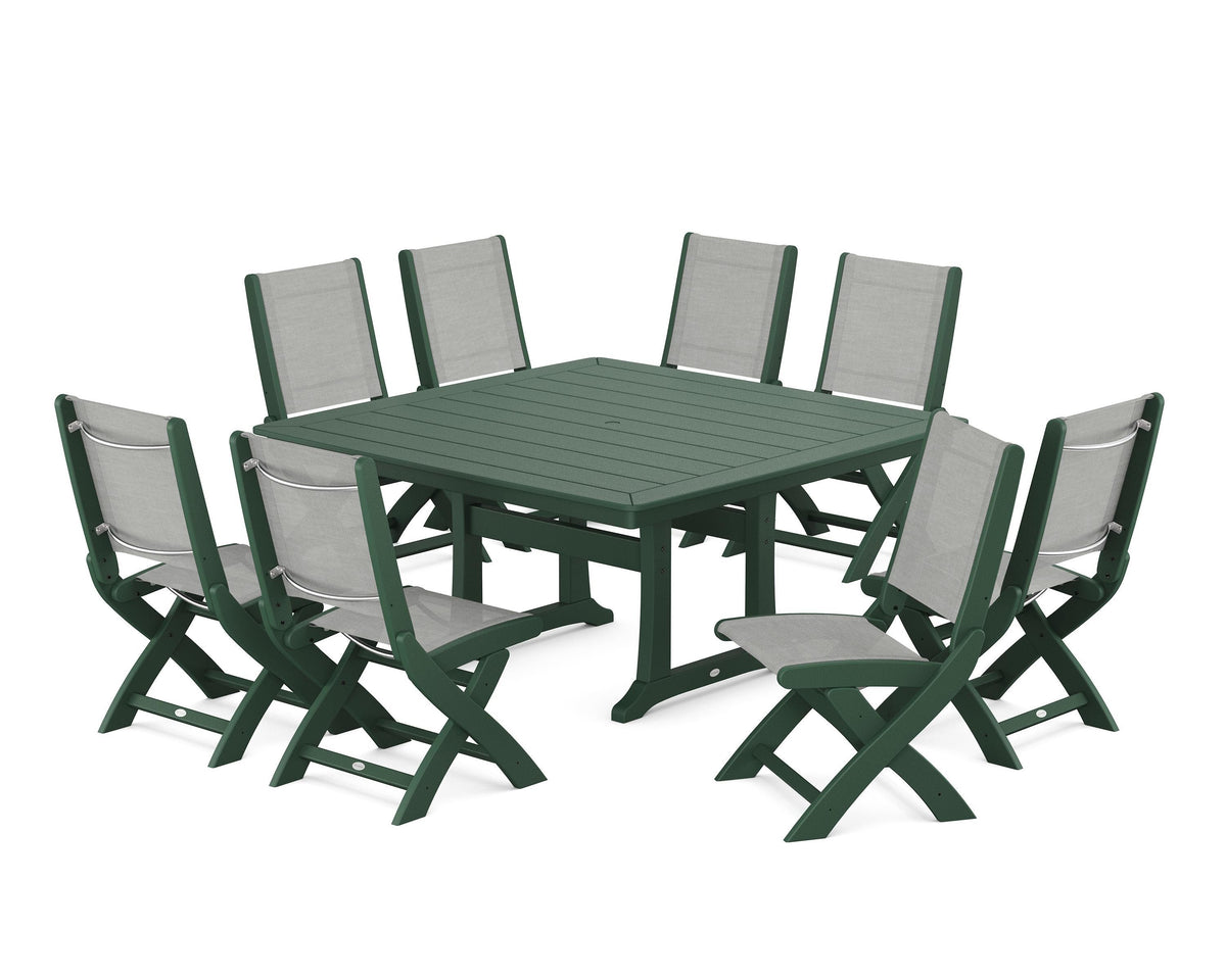 POLYWOOD Coastal Folding Side Chair 9-Piece Dining Set with Trestle Legs in Green / Metallic