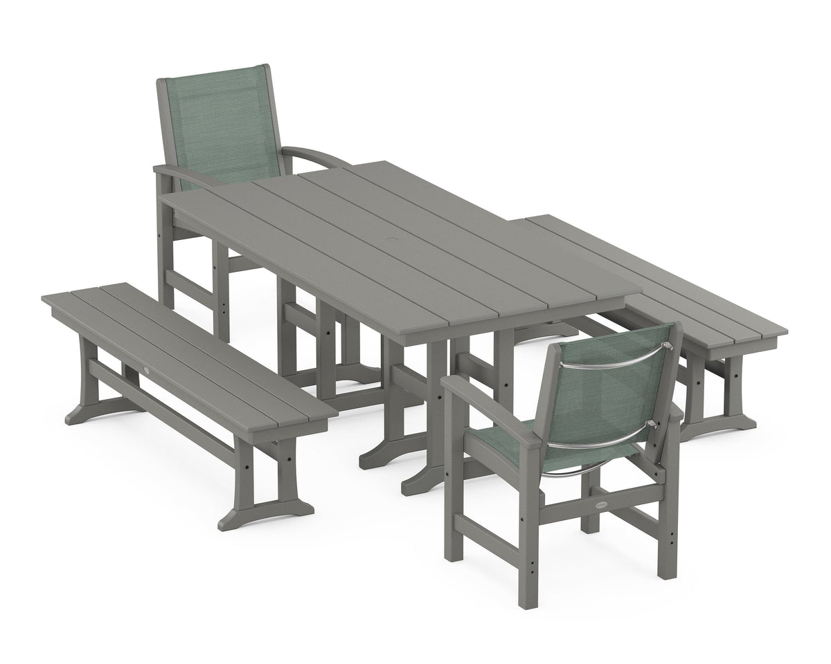 POLYWOOD Coastal 5-Piece Farmhouse Dining Set with Farmhouse 37" x 72" Dining Table in Slate Grey / Dupioni Sea Mist