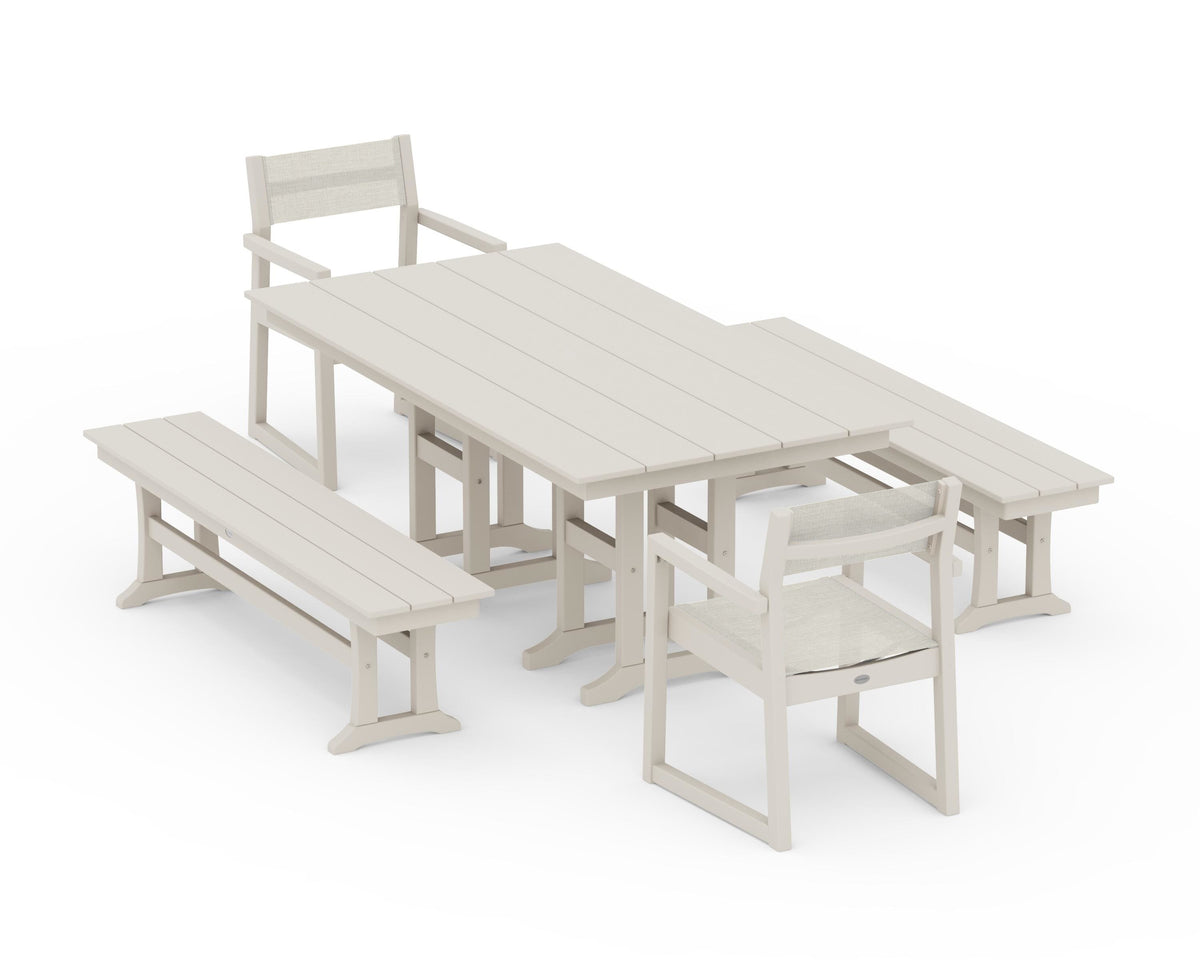 POLYWOOD EDGE Sling Arm Chair 5-Piece Farmhouse Dining Set with Benches in Sand / Parchment
