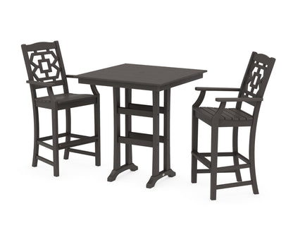 POLYWOOD Chinoiserie 3-Piece Farmhouse Bar Set with Trestle Legs in Vintage Coffee