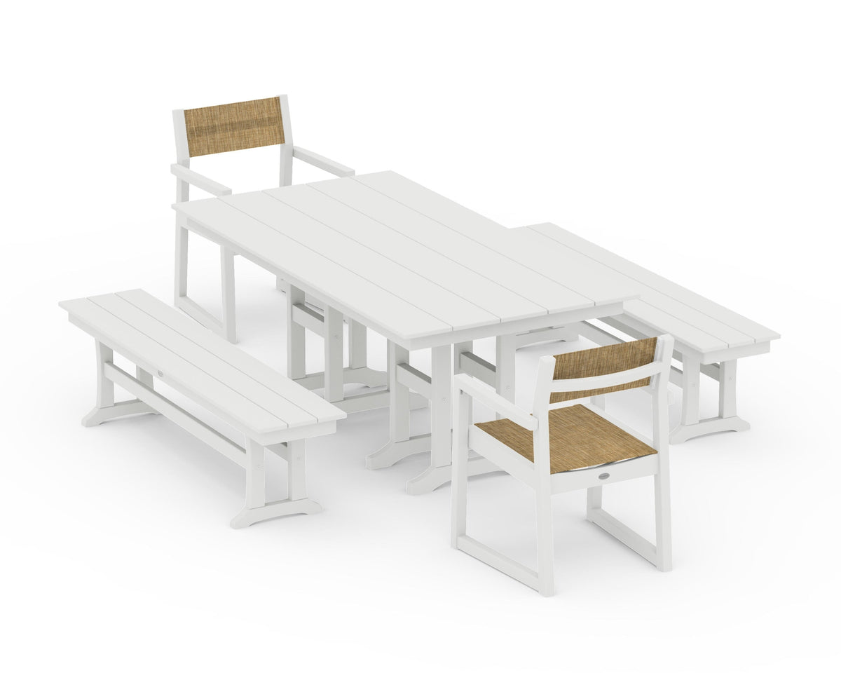 POLYWOOD EDGE Sling Arm Chair 5-Piece Farmhouse Dining Set with Benches in Vintage White / Burlap