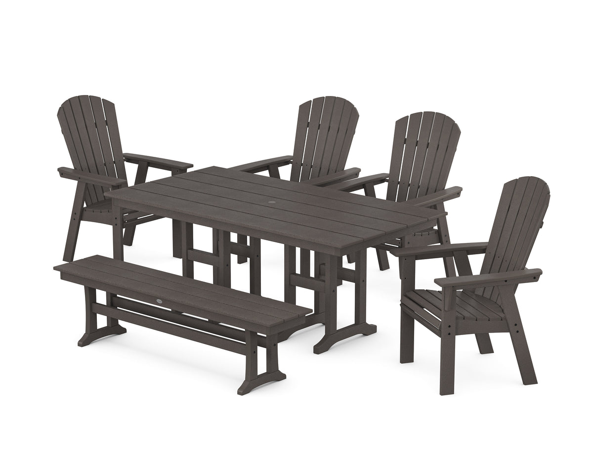 POLYWOOD Nautical Curveback Adirondack 6-Piece Farmhouse Dining Set with Bench in Vintage Coffee