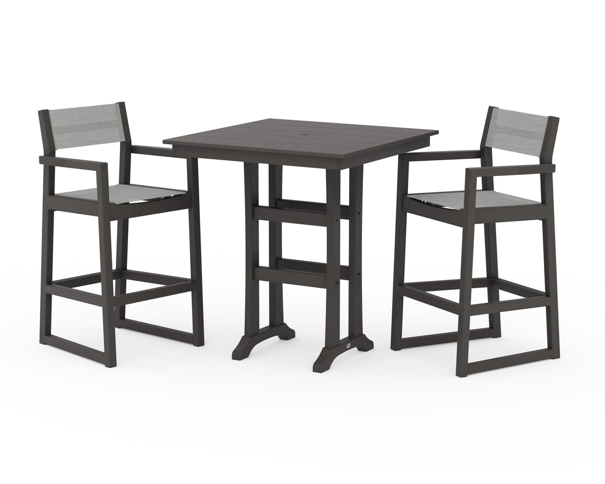 POLYWOOD EDGE Sling Arm Chair 3-Piece Farmhouse Bar Set with Trestle Legs in Vintage Coffee / Metallic